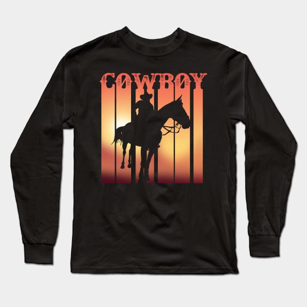 Western Cowboy Sunset Vintage Distressed Long Sleeve T-Shirt by Gold Wings Tees